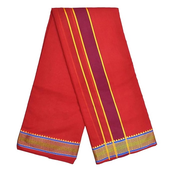 9X5" Gopuram RED Rajamanickam Panjakacham Set || Size: 4 Mtr Dhoti X 2.25 Mtrs Towel || Polycotton Dhotis - Image 3