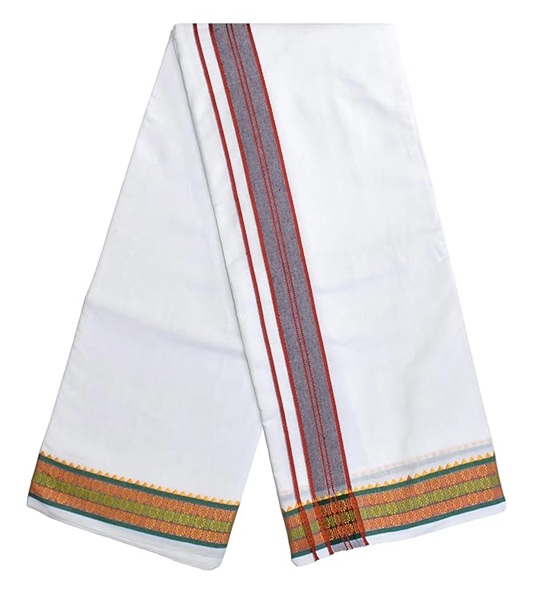 9X5" Gopuram WHITE Rajamanickam Panjakacham Set || Size: 4 Mtr Dhoti X 2.25 Mtrs Towel || Polycotton Dhotis - Image 4