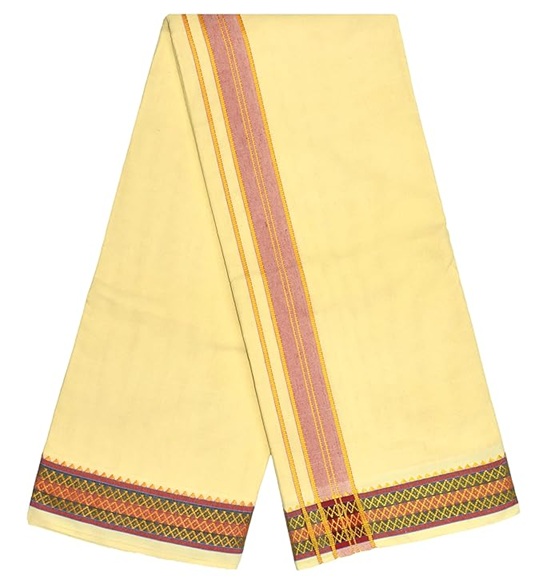 9X5" Gopuram CREAM Rajamanickam Panjakacham Set || Size: 4 Mtr Dhoti X 2.25 Mtrs Towel || Polycotton Dhotis - Image 4