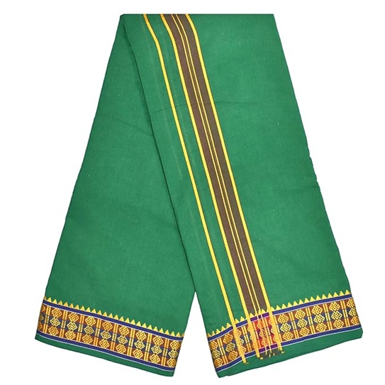 9X5" Gopuram GREEN Rajamanickam Panjakacham Set || Size: 4 Mtr Dhoti X 2.25 Mtrs Towel || Polycotton Dhotis - Image 4