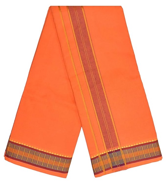 9X5" Gopuram ORANGE Rajamanickam Panjakacham Set || Size: 4 Mtr Dhoti X 2.25 Mtrs Towel || Polycotton Dhotis - Image 4