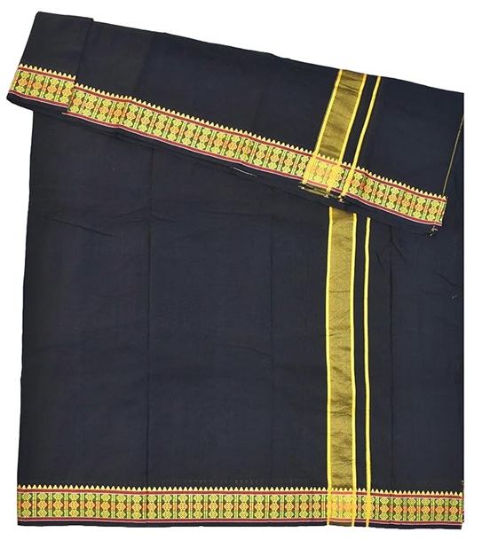 9X5" Gopuram BLACK Rajamanickam Panjakacham Set || Size: 4 Mtr Dhoti X 2.25 Mtrs Towel || Polycotton Dhotis - Image 3