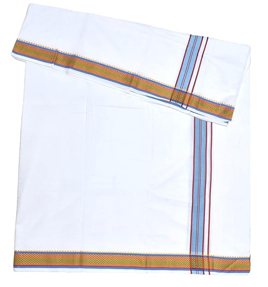 9X5" Gopuram WHITE Rajamanickam Panjakacham Set || Size: 4 Mtr Dhoti X 2.25 Mtrs Towel || Polycotton Dhotis - Image 3