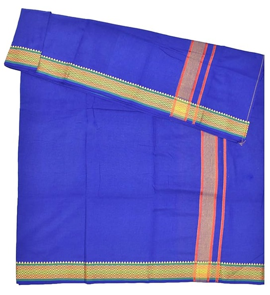 9X5" Gopuram BLUE Rajamanickam Panjakacham Set || Size: 4 Mtr Dhoti X 2.25 Mtrs Towel || Polycotton Dhotis - Image 3