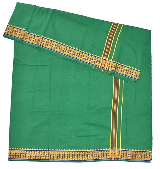 9X5" Gopuram GREEN Rajamanickam Panjakacham Set || Size: 4 Mtr Dhoti X 2.25 Mtrs Towel || Polycotton Dhotis - Image 3