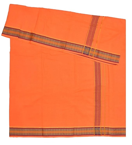9X5" Gopuram ORANGE Rajamanickam Panjakacham Set || Size: 4 Mtr Dhoti X 2.25 Mtrs Towel || Polycotton Dhotis - Image 3