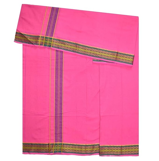 9X5" Gopuram PINK Rajamanickam Panjakacham Set || Size: 4 Mtr Dhoti X 2.25 Mtrs Towel || Polycotton Dhotis - Image 3