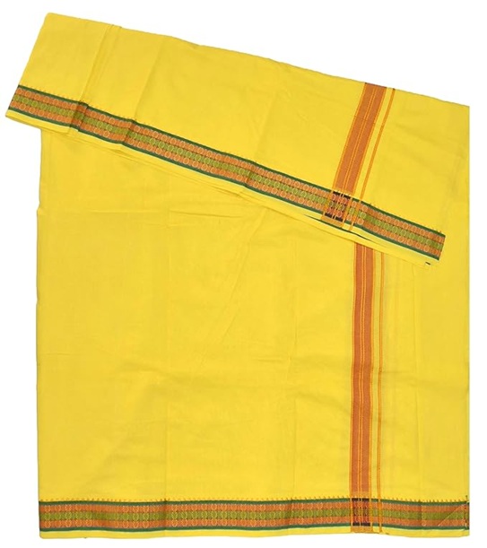 9X5" Gopuram YELLOW Rajamanickam Panjakacham Set || Size: 4 Mtr Dhoti X 2.25 Mtrs Towel || Polycotton Dhotis - Image 4