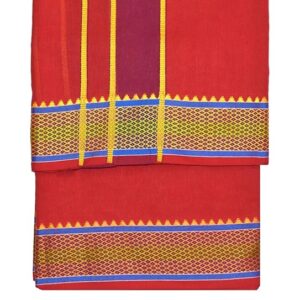 9X5″ Gopuram RED Rajamanickam Panjakacham Set || Size: 4 Mtr Dhoti X 2.25 Mtrs Towel || Polycotton Dhotis