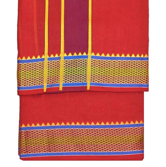 9X5" Gopuram RED Rajamanickam Panjakacham Set || Size: 4 Mtr Dhoti X 2.25 Mtrs Towel || Polycotton Dhotis - Image 2