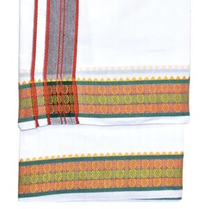 9X5″ Gopuram WHITE Rajamanickam Panjakacham Set || Size: 4 Mtr Dhoti X 2.25 Mtrs Towel || Polycotton Dhotis