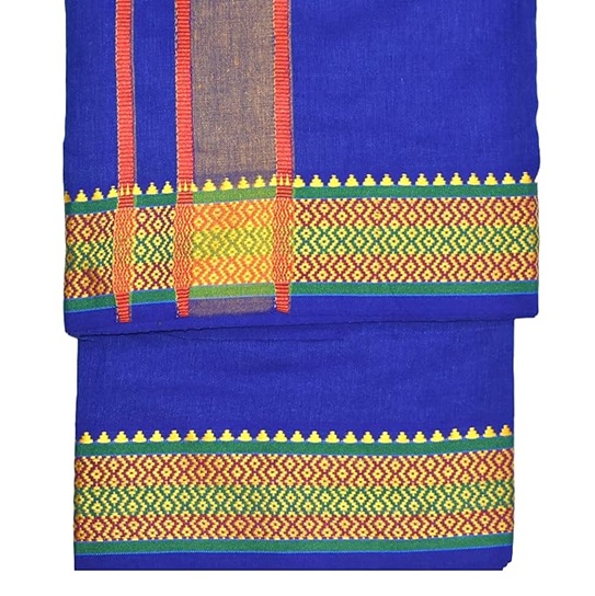 9X5" Gopuram BLUE Rajamanickam Panjakacham Set || Size: 4 Mtr Dhoti X 2.25 Mtrs Towel || Polycotton Dhotis - Image 2