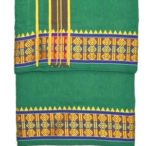 9X5″ Gopuram GREEN Rajamanickam Panjakacham Set || Size: 4 Mtr Dhoti X 2.25 Mtrs Towel || Polycotton Dhotis