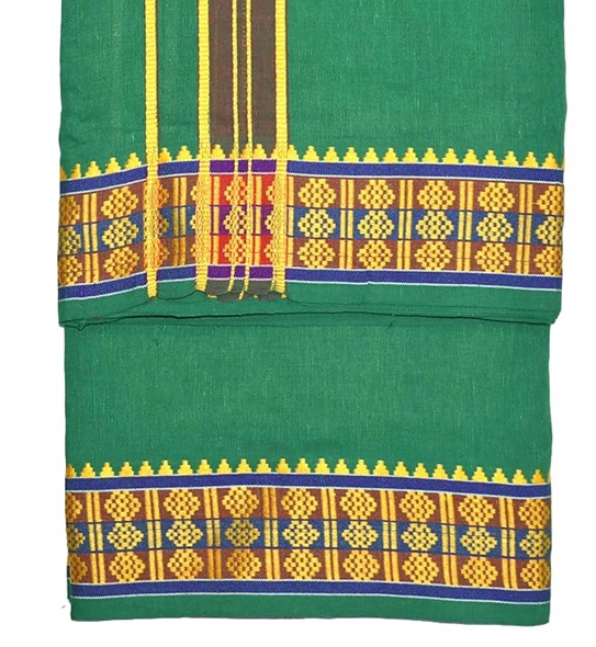 9X5" Gopuram GREEN Rajamanickam Panjakacham Set || Size: 4 Mtr Dhoti X 2.25 Mtrs Towel || Polycotton Dhotis - Image 2