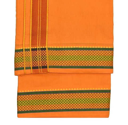 9X5" Gopuram MANGO Rajamanickam Panjakacham Set || Size: 4 Mtr Dhoti X 2.25 Mtrs Towel || Polycotton Dhotis - Image 2
