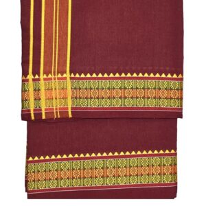 9X5″ Gopuram MARRON Rajamanickam Panjakacham Set || Size: 4 Mtr Dhoti X 2.25 Mtrs Towel || Polycotton Dhotis