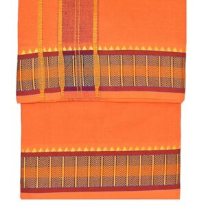 9X5″ Gopuram ORANGE Rajamanickam Panjakacham Set || Size: 4 Mtr Dhoti X 2.25 Mtrs Towel || Polycotton Dhotis