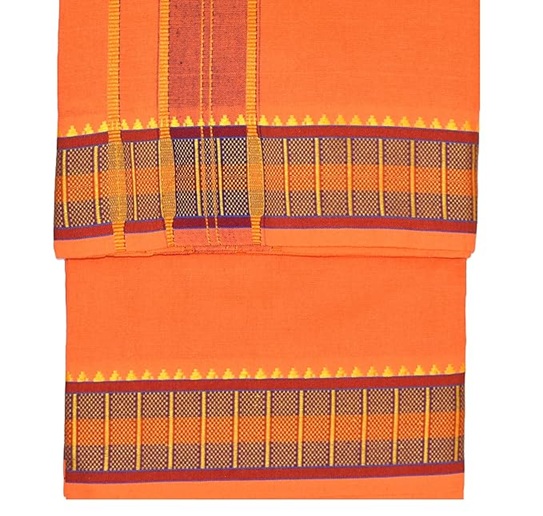 9X5" Gopuram ORANGE Rajamanickam Panjakacham Set || Size: 4 Mtr Dhoti X 2.25 Mtrs Towel || Polycotton Dhotis - Image 2