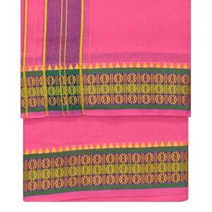 9X5″ Gopuram PINK Rajamanickam Panjakacham Set || Size: 4 Mtr Dhoti X 2.25 Mtrs Towel || Polycotton Dhotis