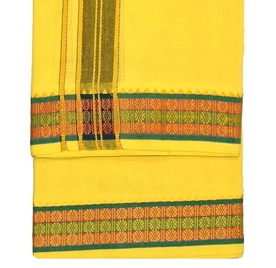 9X5" Gopuram YELLOW Rajamanickam Panjakacham Set || Size: 4 Mtr Dhoti X 2.25 Mtrs Towel || Polycotton Dhotis - Image 3