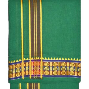9X5" Gopuram GREEN Rajamanickam Panjakacham Set || Size: 4 Mtr Dhoti X 2.25 Mtrs Towel || Polycotton Dhotis