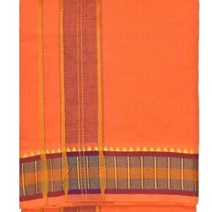 9X5″ Gopuram ORANGE Rajamanickam Panjakacham Set || Size: 4 Mtr Dhoti X 2.25 Mtrs Towel || Polycotton Dhotis