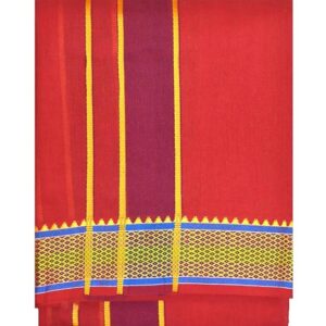 9X5″ Gopuram RED Rajamanickam Panjakacham Set || Size: 4 Mtr Dhoti X 2.25 Mtrs Towel || Polycotton Dhotis