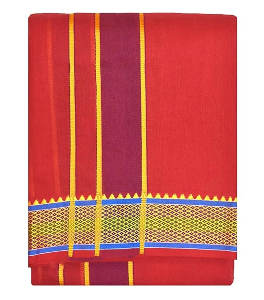 9X5" Gopuram RED Rajamanickam Panjakacham Set || Size: 4 Mtr Dhoti X 2.25 Mtrs Towel || Polycotton Dhotis