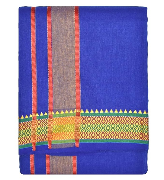9X5" Gopuram BLUE Rajamanickam Panjakacham Set || Size: 4 Mtr Dhoti X 2.25 Mtrs Towel || Polycotton Dhotis