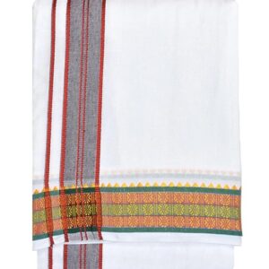 9X5″ Gopuram WHITE Rajamanickam Panjakacham Set || Size: 4 Mtr Dhoti X 2.25 Mtrs Towel || Polycotton Dhotis