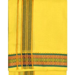 9X5″ Gopuram YELLOW Rajamanickam Panjakacham Set || Size: 4 Mtr Dhoti X 2.25 Mtrs Towel || Polycotton Dhotis