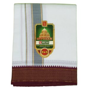 9×5″ Myilkan Polycotton Dhoti – White with Grey & Maroon Border