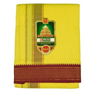 9×5″ Myilkan Polycotton Dhoti – Yellow with Grey & Maroon Border