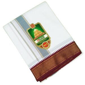9×5″ Myilkan Polycotton Dhoti – White with Grey & Maroon Border
