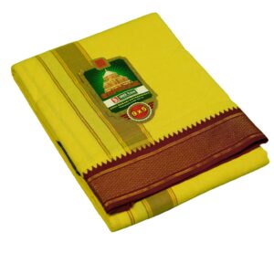 9×5″ Myilkan Polycotton Dhoti – Yellow with Grey & Maroon Border