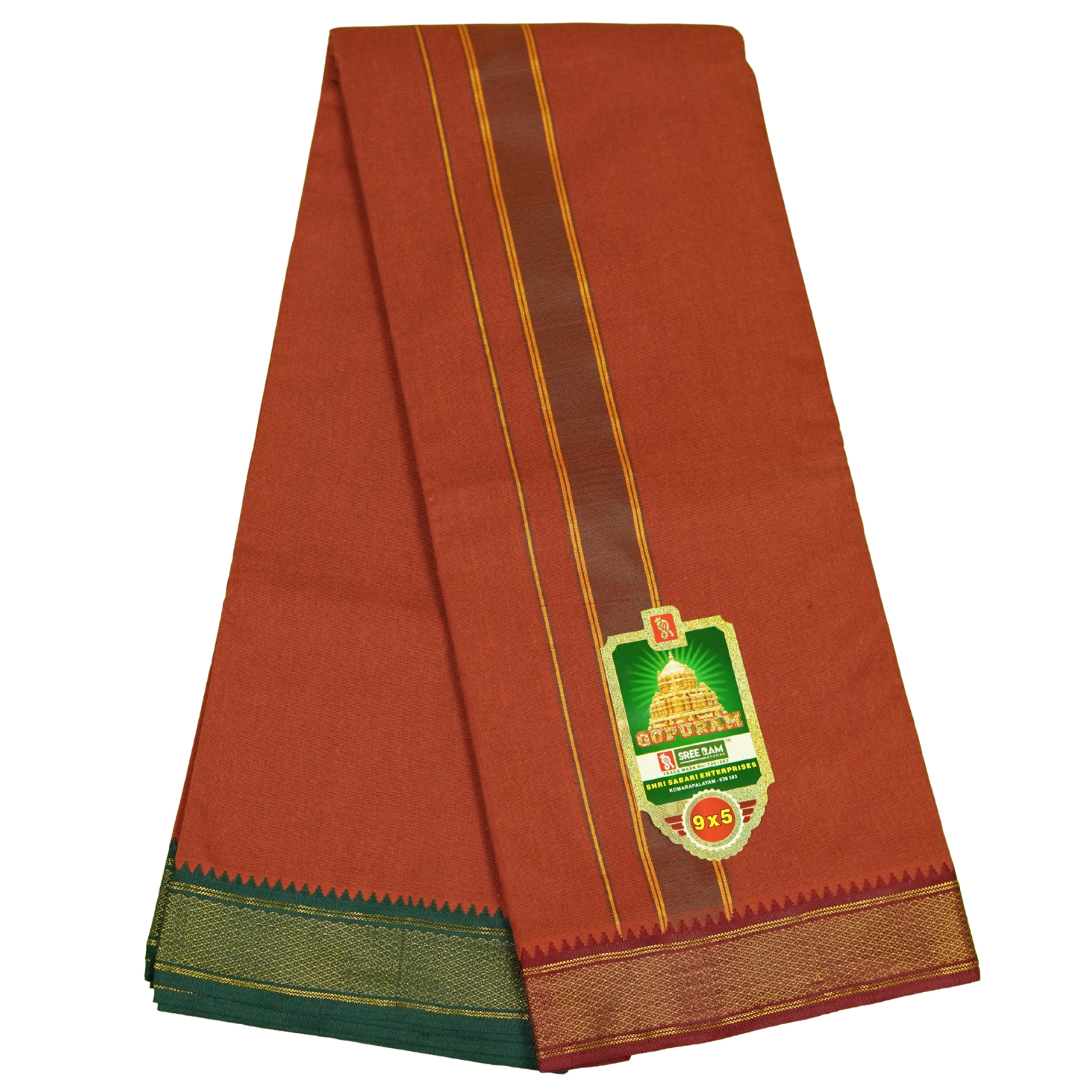 9×5" Myilkan Polycotton Dhoti – Dark Kavi with Green & Maroon Border - Image 3